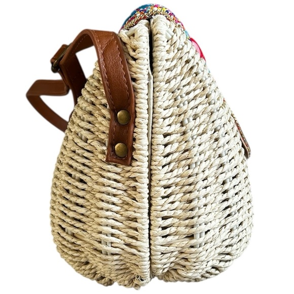 Brand New Women’s Cream Basket & Faux Brown Leather Purse w/ Colourful Beads - Picture 6 of 9